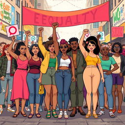 A powerful illustration symbolizing gender equality, featuring diverse individuals of different genders standing together in unity
