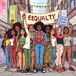 A powerful illustration symbolizing gender equality, featuring diverse individuals of different genders standing together in unity