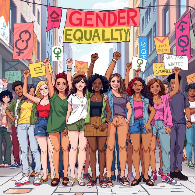 A powerful illustration symbolizing gender equality, featuring diverse individuals of different genders standing together in unity