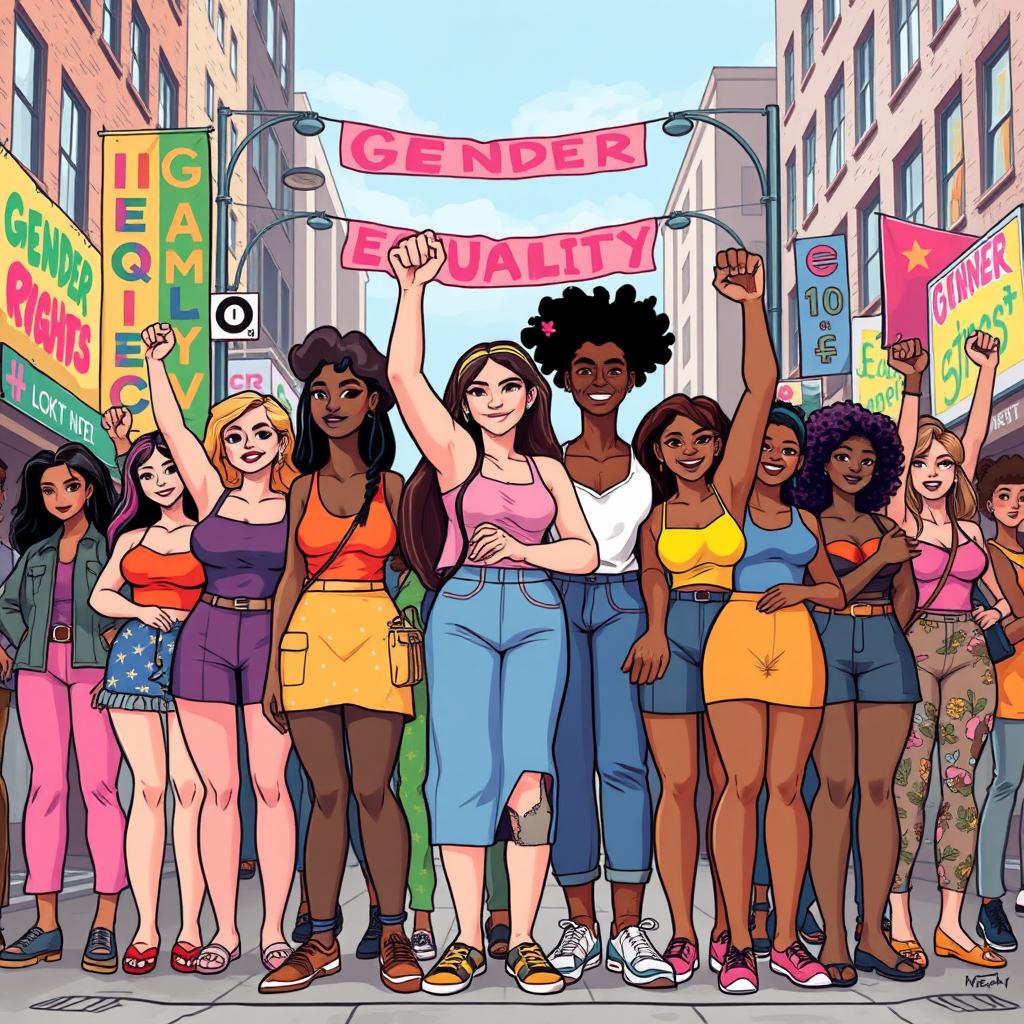 A powerful illustration symbolizing gender equality, featuring diverse individuals of different genders standing together in unity