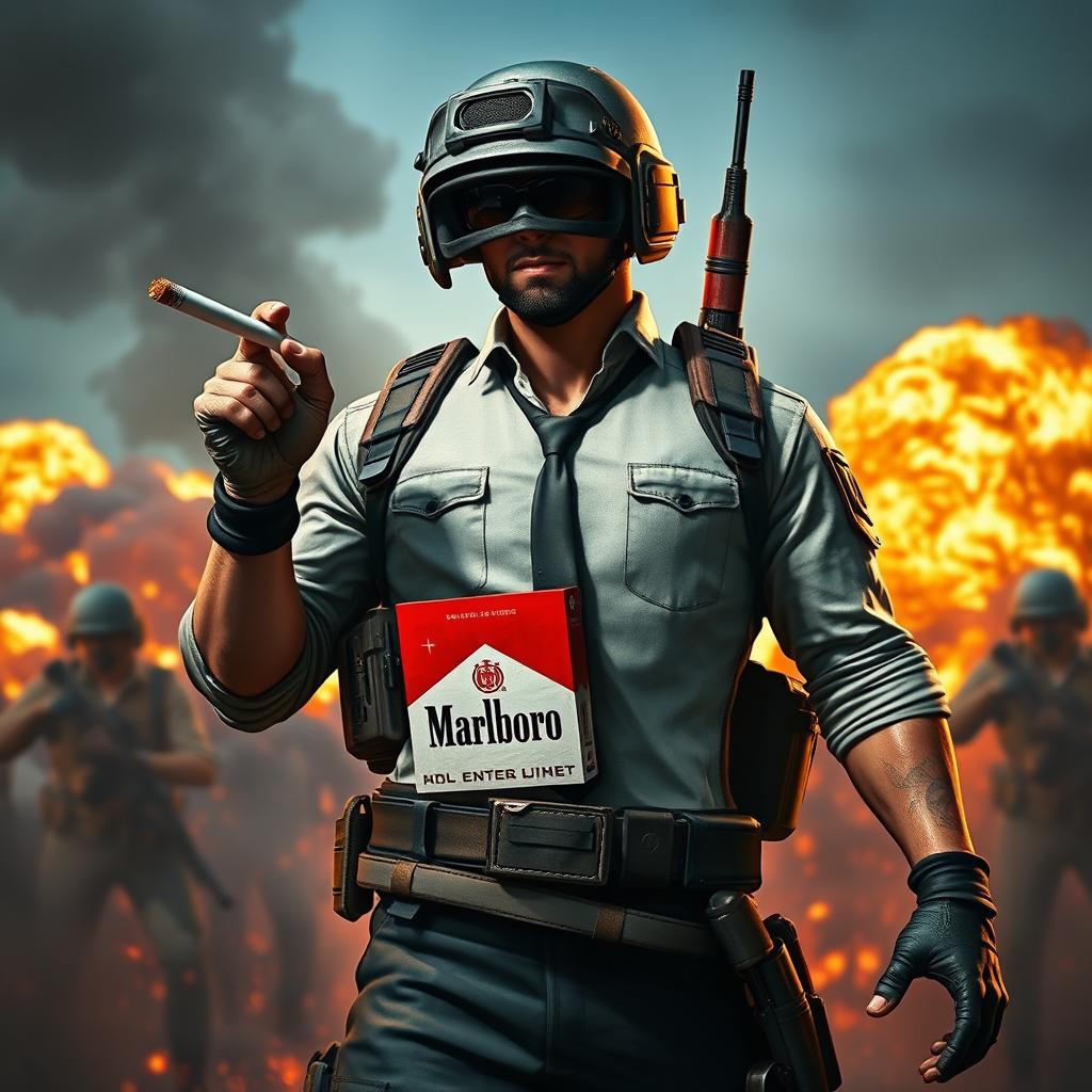 A dynamic and action-packed PUBG profile picture featuring a character in tactical military gear, holding a cigarette in one hand adorned with a Marlboro brand pack