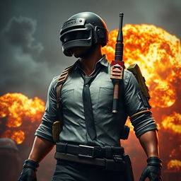 A dynamic and action-packed PUBG profile picture featuring a character in tactical military gear, holding a cigarette in one hand adorned with a Marlboro brand pack