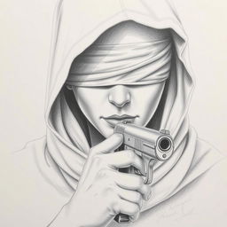 A pencil drawing of a woman's face with a hood, her eyes covered by a blindfold, and a gun held near her chin