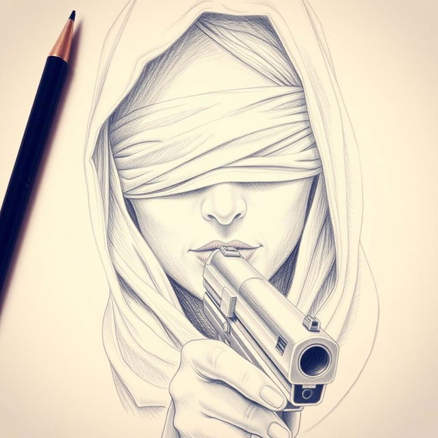 A pencil drawing of a woman's face with a hood, her eyes covered by a blindfold, and a gun held near her chin