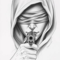 A pencil drawing of a woman's face with a hood, her eyes covered by a blindfold, and a gun held near her chin