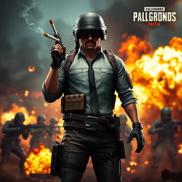 A dynamic and action-packed PUBG profile picture featuring a character in tactical military gear, holding a cigarette in one hand adorned with a Marlboro brand pack