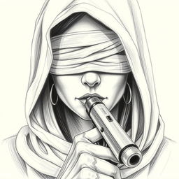 A pencil drawing of a woman's face with a hood, her eyes covered by a blindfold, and a gun held near her chin