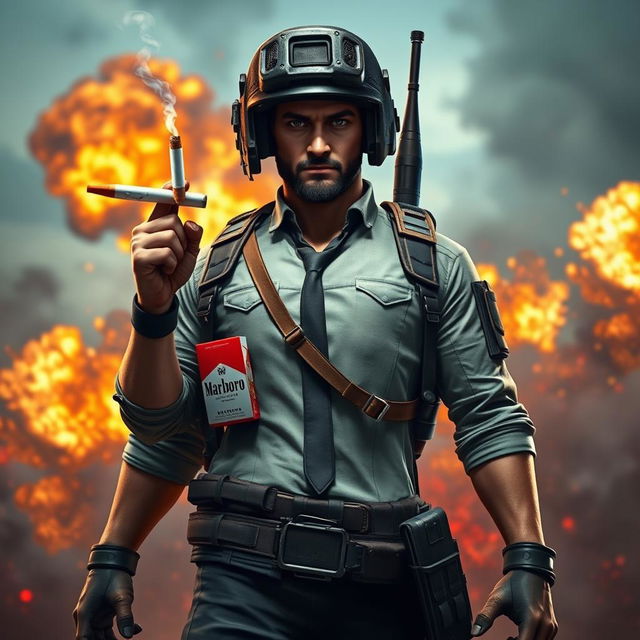 A dynamic and action-packed PUBG profile picture featuring a character in tactical military gear, holding a cigarette in one hand adorned with a Marlboro brand pack