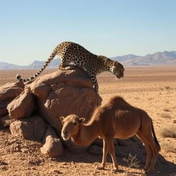 A powerful leopard stealthily crouched on a rocky outcrop, ready to pounce on a camel grazing below