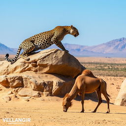 A powerful leopard stealthily crouched on a rocky outcrop, ready to pounce on a camel grazing below