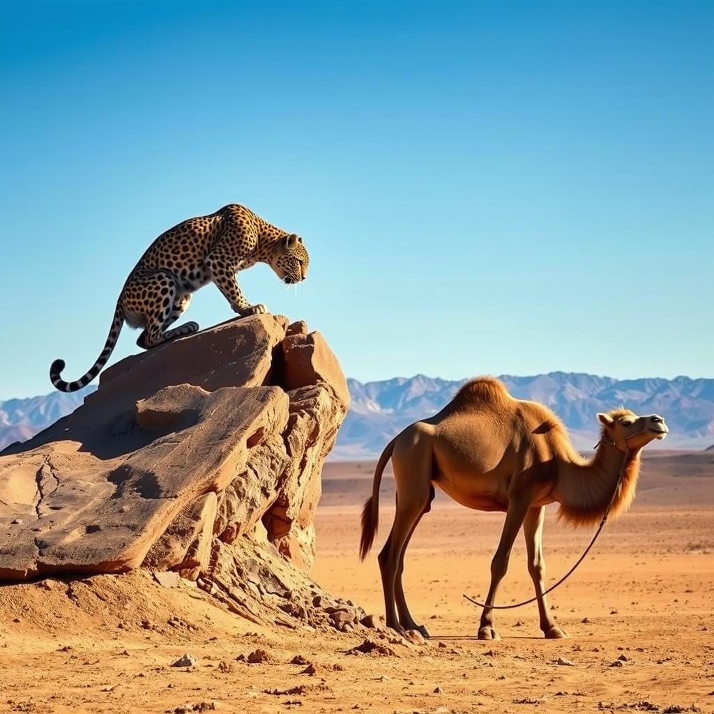 A powerful leopard stealthily crouched on a rocky outcrop, ready to pounce on a camel grazing below