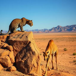 A powerful leopard stealthily crouched on a rocky outcrop, ready to pounce on a camel grazing below