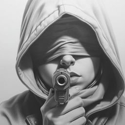 A pencil drawing of a woman's face partially obscured by a hood, with her eyes blindfolded