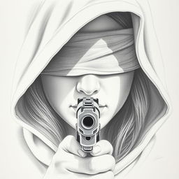 A pencil drawing of a woman's face partially obscured by a hood, with her eyes blindfolded