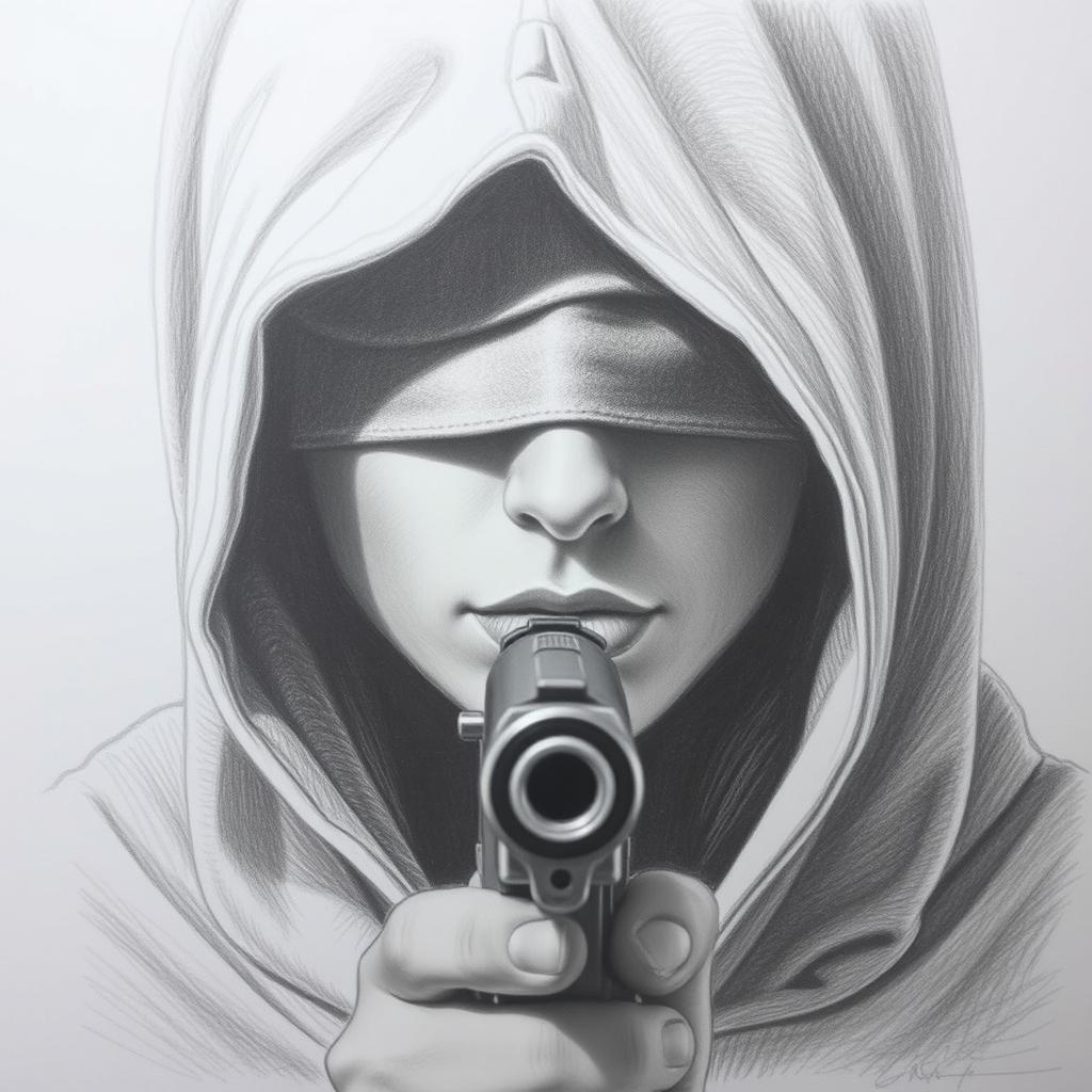 A pencil drawing of a woman's face partially obscured by a hood, with her eyes blindfolded