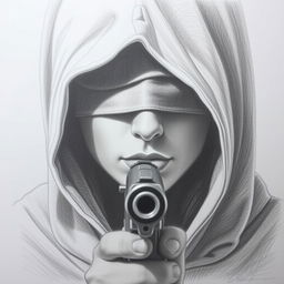 A pencil drawing of a woman's face partially obscured by a hood, with her eyes blindfolded