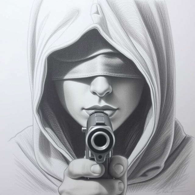 A pencil drawing of a woman's face partially obscured by a hood, with her eyes blindfolded