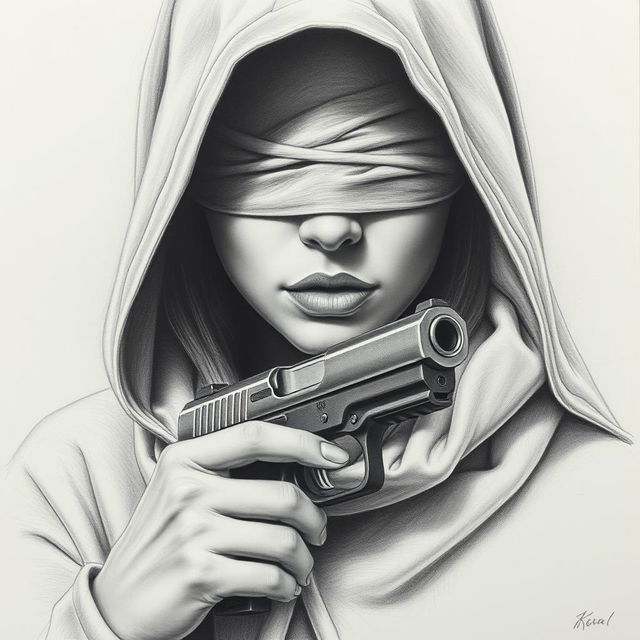 A detailed pencil drawing of a woman's face covered by a hood, with her eyes blindfolded