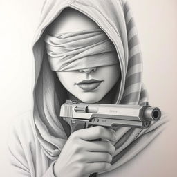 A detailed pencil drawing of a woman's face covered by a hood, with her eyes blindfolded
