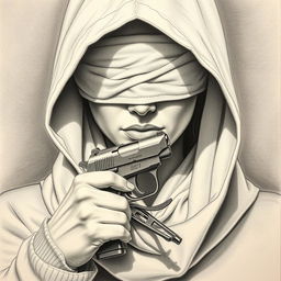 A detailed pencil drawing of a woman's face covered by a hood, with her eyes blindfolded