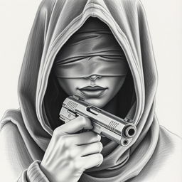 A detailed pencil drawing of a woman's face covered by a hood, with her eyes blindfolded