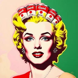 A vibrant pop art-style portrait of Marilyn Monroe, featuring Andy Warhol inspired eyes that are exaggerated and colorful