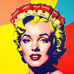 A vibrant pop art-style portrait of Marilyn Monroe, featuring Andy Warhol inspired eyes that are exaggerated and colorful