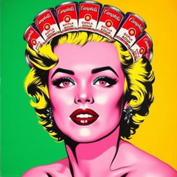 A vibrant pop art-style portrait of Marilyn Monroe, featuring Andy Warhol inspired eyes that are exaggerated and colorful