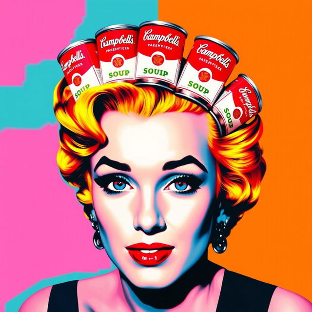 A vibrant pop art-style portrait of Marilyn Monroe, featuring Andy Warhol inspired eyes that are exaggerated and colorful