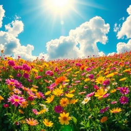 A vibrant and colorful landscape filled with blooming flowers under a bright blue sky, with sunlight filtering through fluffy white clouds