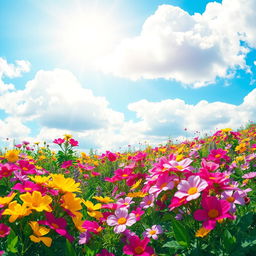 A vibrant and colorful landscape filled with blooming flowers under a bright blue sky, with sunlight filtering through fluffy white clouds