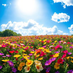 A vibrant and colorful landscape filled with blooming flowers under a bright blue sky, with sunlight filtering through fluffy white clouds