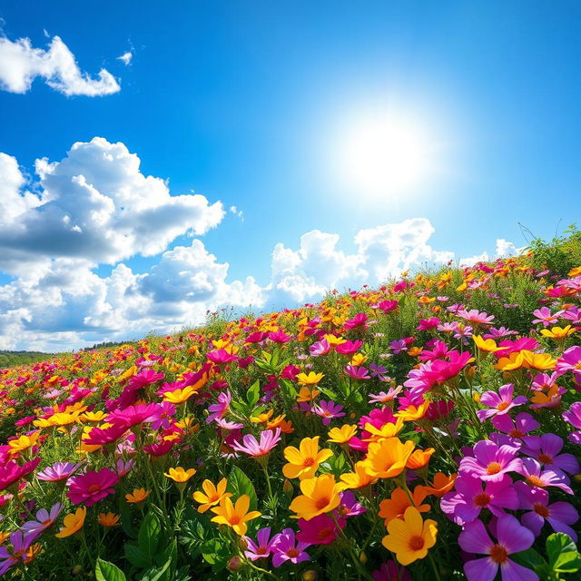 A vibrant and colorful landscape filled with blooming flowers under a bright blue sky, with sunlight filtering through fluffy white clouds