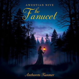A captivating novel cover design featuring an enigmatic forest landscape at twilight