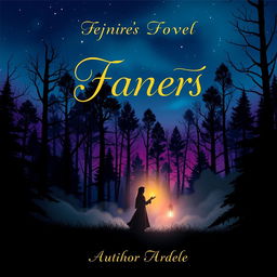A captivating novel cover design featuring an enigmatic forest landscape at twilight
