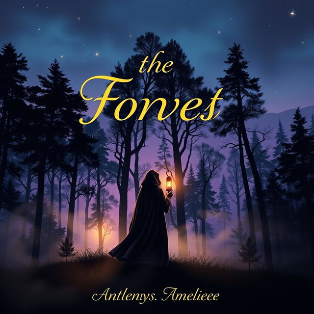 A captivating novel cover design featuring an enigmatic forest landscape at twilight