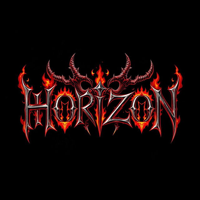 A striking metal band logo featuring the word 'HORIZON' designed in a detailed gothic font, entwined with elements of demonic and hellish imagery