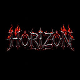 A striking metal band logo featuring the word 'HORIZON' designed in a detailed gothic font, entwined with elements of demonic and hellish imagery
