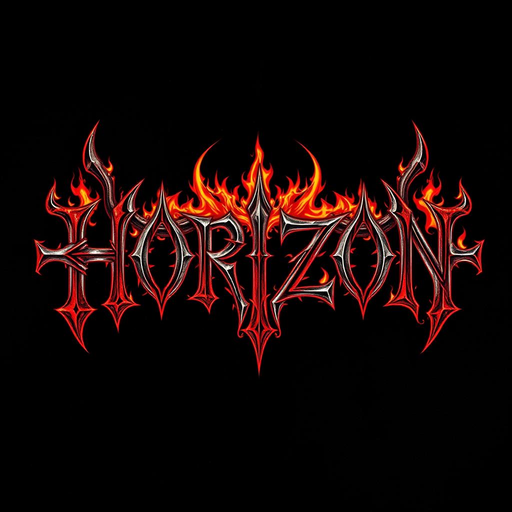 A striking metal band logo featuring the word 'HORIZON' designed in a detailed gothic font, entwined with elements of demonic and hellish imagery