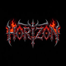 A striking metal band logo featuring the word 'HORIZON' designed in a detailed gothic font, entwined with elements of demonic and hellish imagery