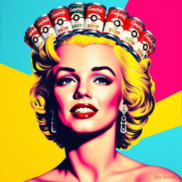 A vibrant pop art-style portrait of Marilyn Monroe, featuring exaggerated and colorful features