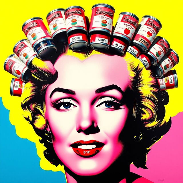 A vibrant pop art-style portrait of Marilyn Monroe, featuring exaggerated and colorful features