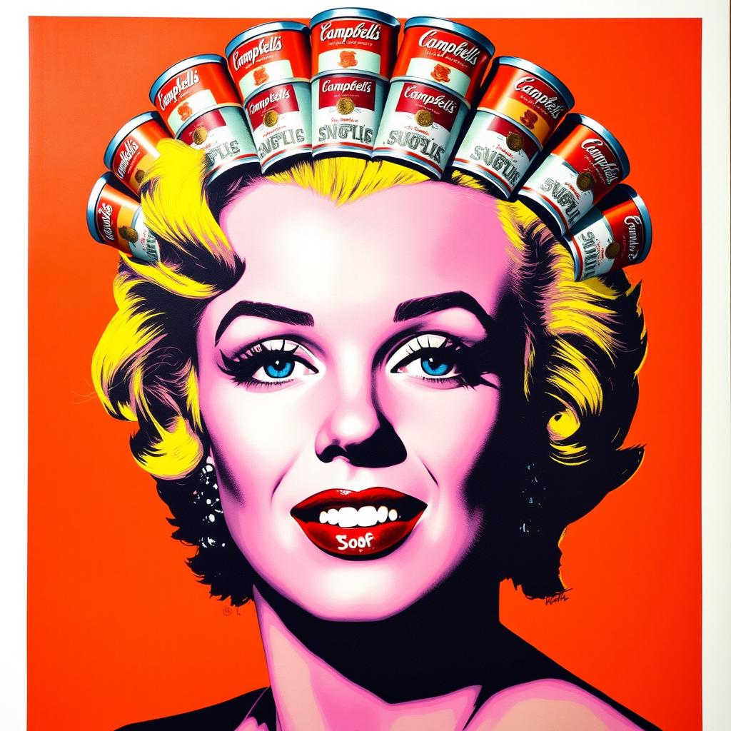 A vibrant pop art-style portrait of Marilyn Monroe, featuring exaggerated and colorful features