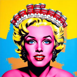A vibrant pop art-style portrait of Marilyn Monroe, featuring exaggerated and colorful features