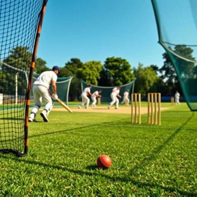 A vibrant and dynamic outdoor cricket scene featuring cricket nets in the background