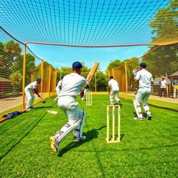 A vibrant and dynamic outdoor cricket scene featuring cricket nets in the background