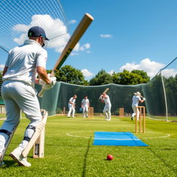 A vibrant and dynamic outdoor cricket scene featuring cricket nets in the background