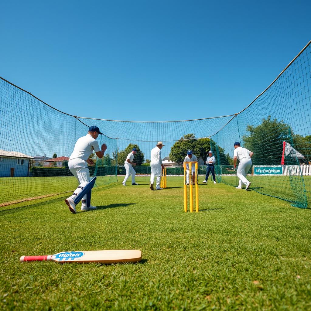 A vibrant and dynamic outdoor cricket scene featuring cricket nets in the background