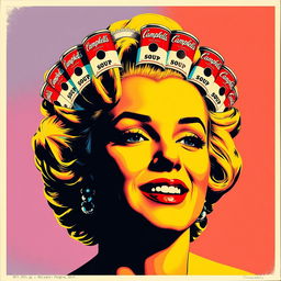 A vibrant pop art-style portrait of Marilyn Monroe, featured with a crown made entirely of Campbell's Soup cans resting on her head