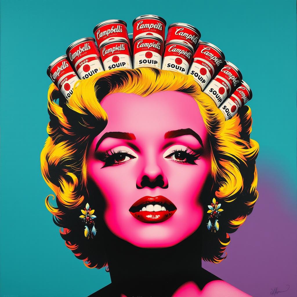 A vibrant pop art-style portrait of Marilyn Monroe, featured with a crown made entirely of Campbell's Soup cans resting on her head